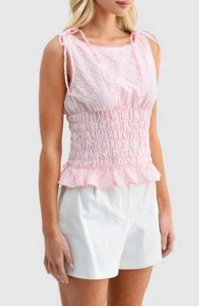 Lush Shoulder Tie Smocked Top In Pink