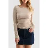 Lush Side Cinched Long Sleeve Top In Neutral