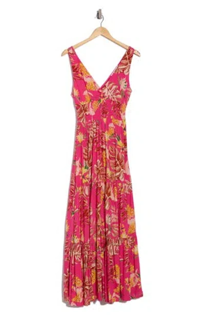 Lush Smocked Maxi Dress In Fuchsia Leaf