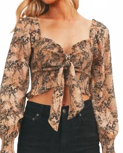 Lush Smocked Tie Front Top In Multi In Brown