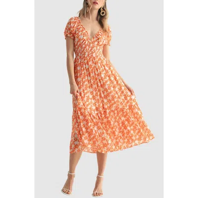 Lush Smocked Waist Puff Sleeve Midi Dress