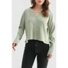 Lush Split Neck Long Sleeve Ribbed Top In Green
