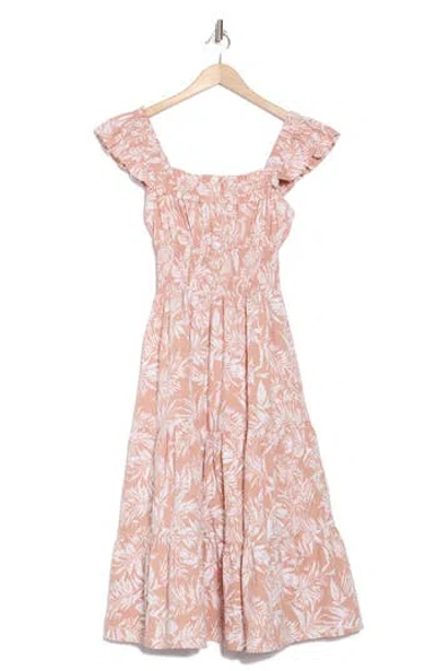 Lush Square Neck Ruffle Sleeve Midi Dress In Mauve Cream