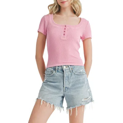 Lush Square Neck Short Sleeve Rib Top In Barbie Pink