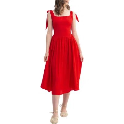 Lush Square Neck Tie Strap Fit & Flare Dress In Red