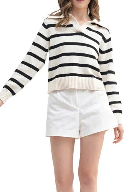 Lush Stripe Johnny Collar Sweater In Cream/black