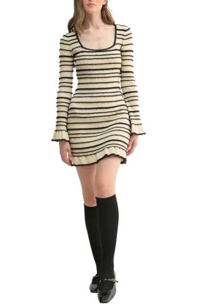 Lush Stripe Long Sleeve Minidress In Beige Black
