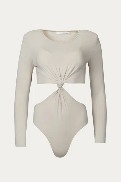 Lush Strong-shoulder Cutout Bodysuit In Fog In White