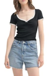 Lush Sweetheart Neck Lace Trim T-shirt In Black