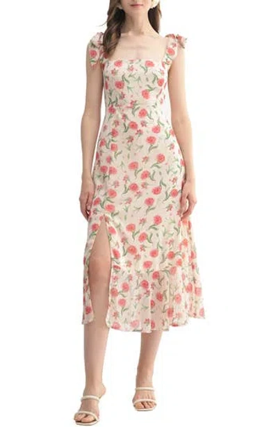 Lush Tie Shoulder Front Slit Midi Dress In Cream Red Floral