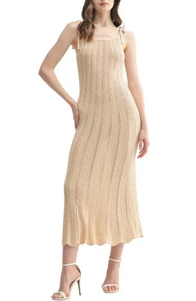 Lush Tie Shoulder Pointelle Sweater Dress In Beige