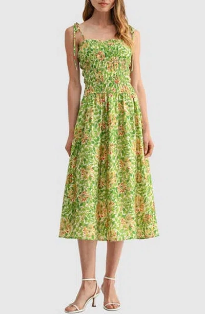 Lush Tie Shoulder Smocked Midi Dress In Green