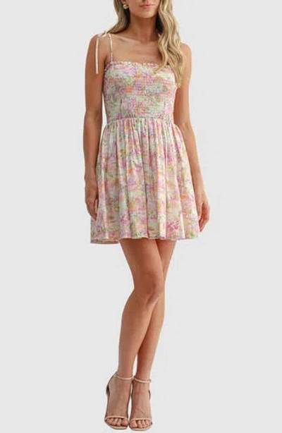Lush Tie Shoulder Smocked Minidress In Multi