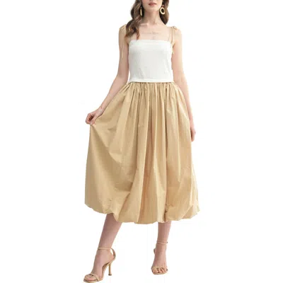 Lush Tie Strap Contrast Bubble Hem Midi Dress In Cream Khaki