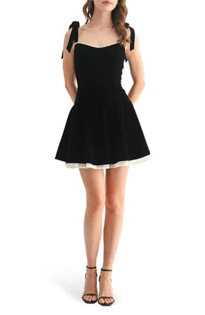 Lush Tie Strap Lace Trim Fit & Flare Minidress In Black