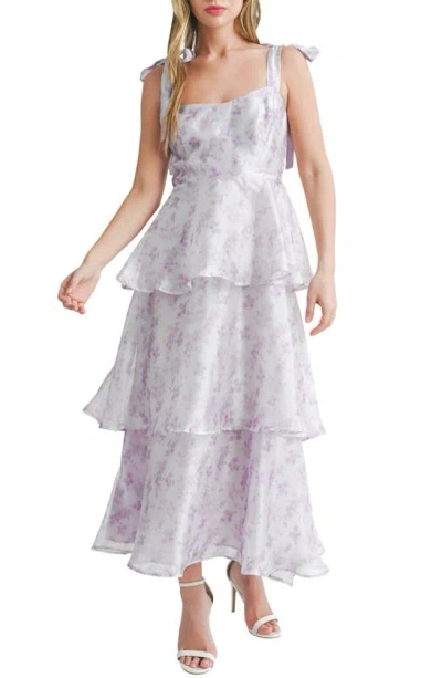 Lush Tie Strap Tiered Midi Dress In Lilac Floral
