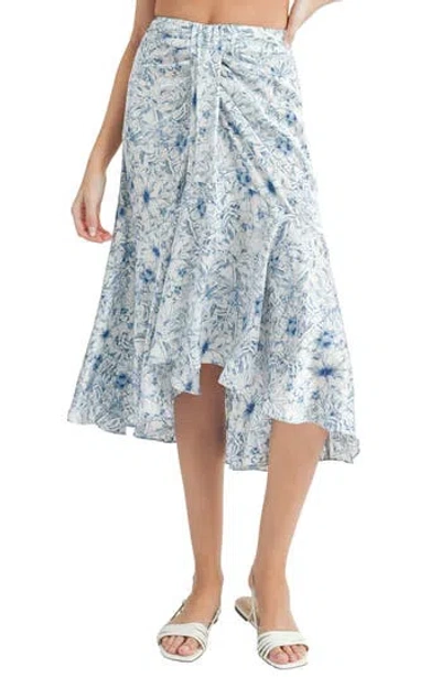 Lush Twist Front Midi Skirt In Cream Blue Floral