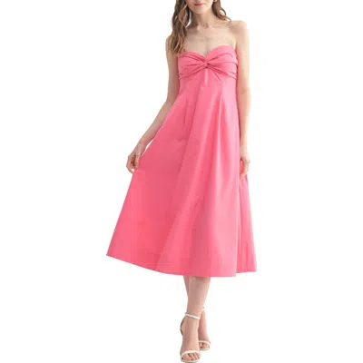 Lush Twist Front Strapless Midi Dress In Hot Pink
