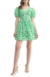 Lush Twist Neck Puff Sleeve Cotton Minidress In Green Floral