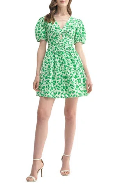 Lush Twist Neck Puff Sleeve Cotton Minidress In Green Floral