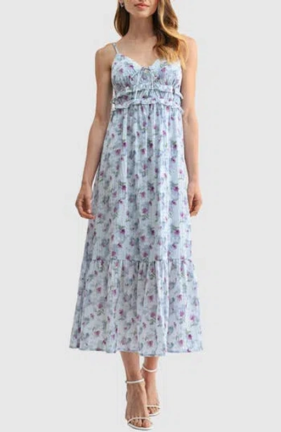 Lush V-neck Tiered Midi Dress In Blue