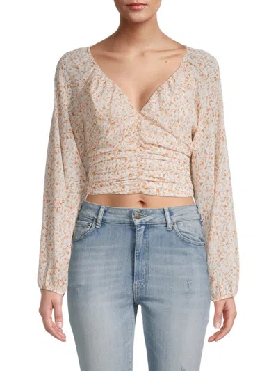 Lush Women's Floral Balloon Sleeve V-neck Top In Apricot