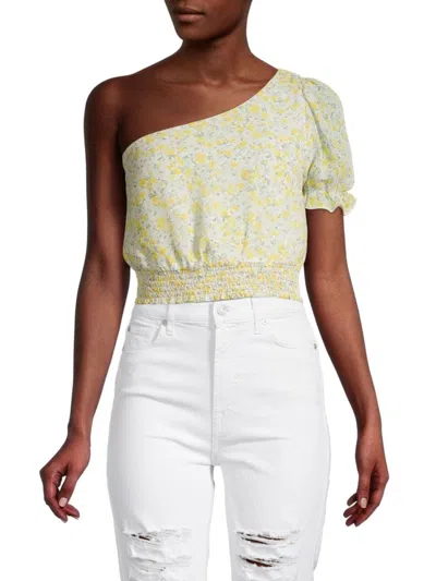 Lush Women's Floral One Shoulder Shirred Crop Top In Yellow