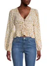 LUSH WOMEN'S FLORAL-PRINT SMOCKED TIE-FRONT CROPPED TOP