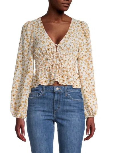 Lush Women's Floral-print Smocked Tie-front Cropped Top In Canary
