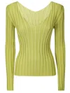 Lussi Fitted Ribbed Silk Sweater With Deep V-neckline In Green