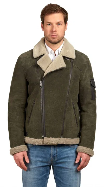 Lusso Beni Ephesus Jacket In Olive With Beige Shearling In Green