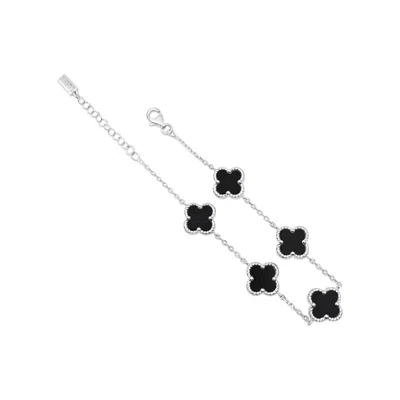 Lutiro Women's Black / Silver Twisted Four Clover Bracelet-black Agate