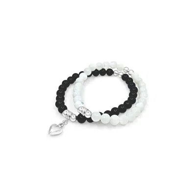 Lutiro Women's Black / White Double Bracelet - Black Onyx & Mop With Heart Charm