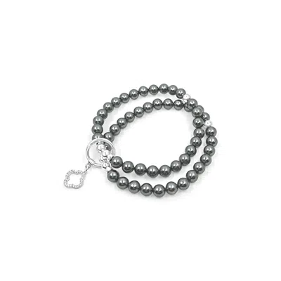 Lutiro Women's Double Beaded Grey Shell Pearl With Clover Cz Bracelet