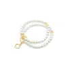 Lutiro Women's Double Beaded White Shell Pearl With Clover Cz Bracelet-gold