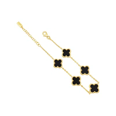 Lutiro Women's Gold / Black Twisted Four Clover Bracelet-black Agate-gold