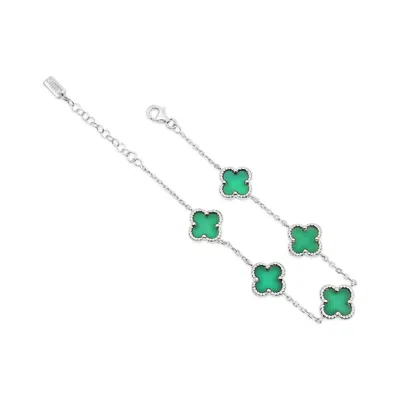 Lutiro Women's Green / Silver Twisted Four Clover Bracelet-green Onyx