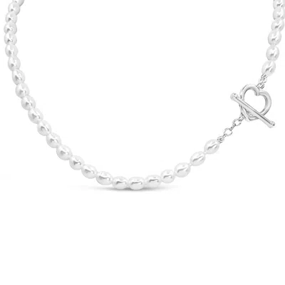 Lutiro Women's Silver Heart Toggle Clasp With Freshwater Pearls Necklace