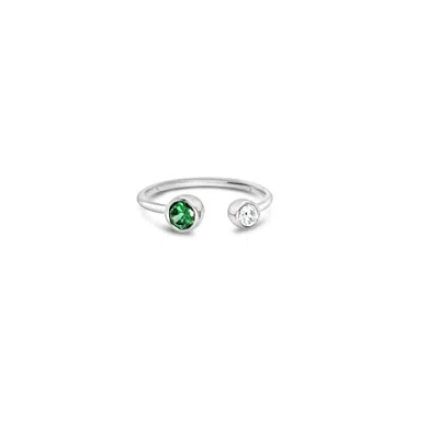 Lutiro Women's Silver Open Ring With Two Round Stones White/emerald