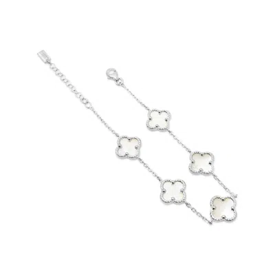 Lutiro Women's White / Silver Twisted Four Clover Bracelet-mother Of Pearl