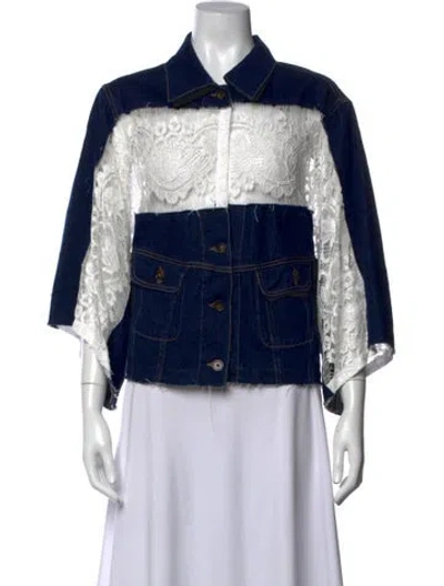 Pre-owned Lutz Huelle Lace Pattern Short Sleeve Button-up Top In Blue