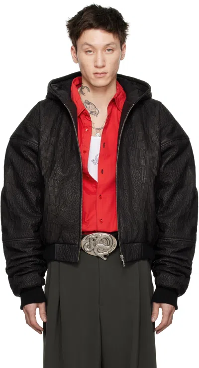 Lu'u Dan Black Hooded Outlaw Leather Jacket In Snake Black