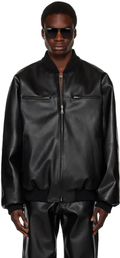 Lu'u Dan Black Reversible Faux-leather Bomber Jacket In Black + Logo Print