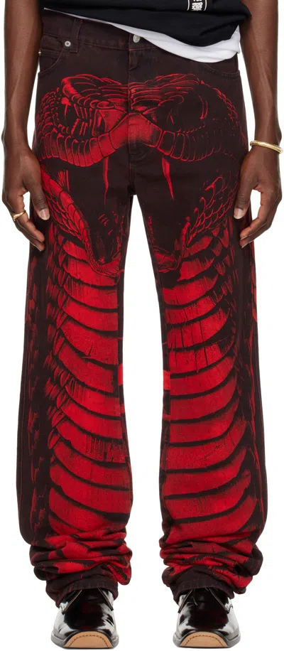 Lu'u Dan Red & Black 'year Of The Snake' Stacked Straight Leg Jeans In Python Red / Black