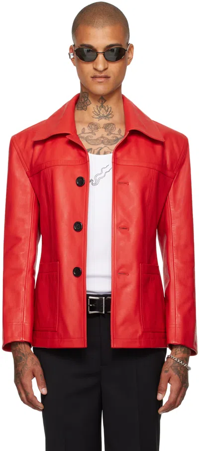 Lu'u Dan Red Slim-fit Creep Leather Jacket