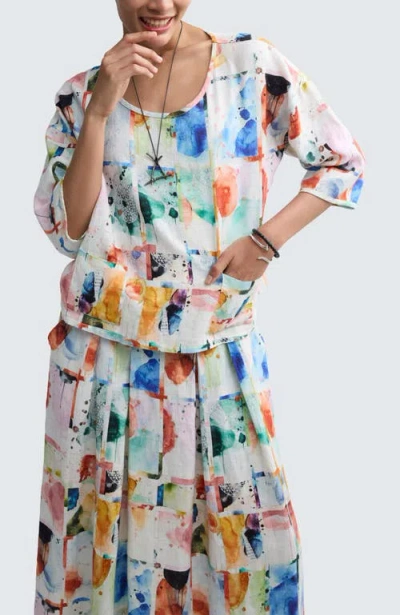 Luukaa Elowen Painterly Print Linen Blouse In Multi