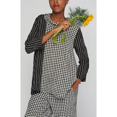 Luukaa Illustra Checkered And Striped Blended, Gauze Linen Blouse In Multi