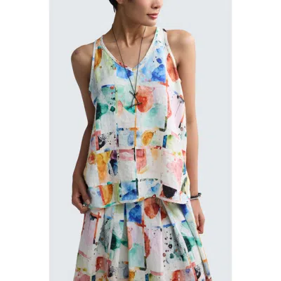 Luukaa Orielle Painterly Print Linen V-neck Top In Multi
