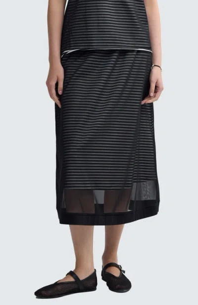 Luukaa Saphina Striped Mesh Midi Skirt In Black