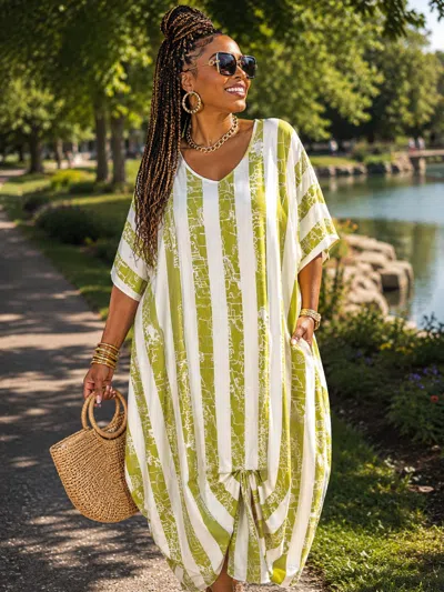 Luukaa Striped Tuck Front Dress In Olive In Multi